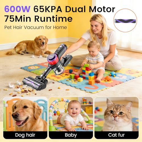 Airpher Cordless Vacuum Cleaner,75Min Runtime,600W 65KPA Dual Motor Pet Hair Vacuum for Home with AI Auto Suction,Stick Vacuums with Self-Standing Design,for Carpet,Hardwood Floors,Gift Ideas for Her