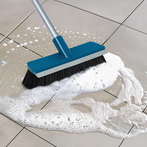 Stiff Bristle Deck Brushes for Scrubbing Heavy Duty with Rubber Scrape Squeegee, 55” Long Handle Scrub Brush for Bathroom Shower Carpet Outdoor Floor Cleaning (Head Size: 10.8”)