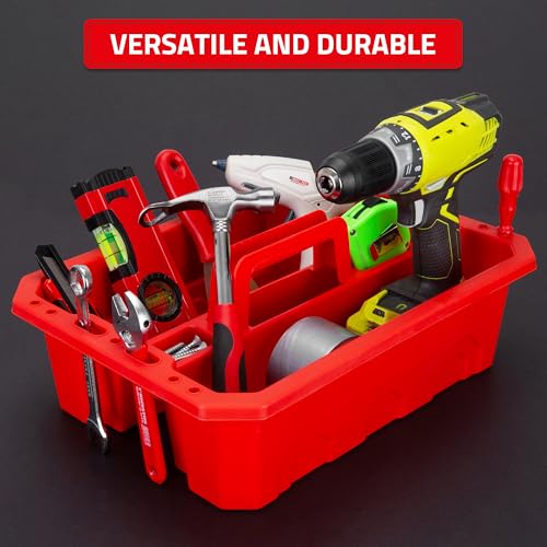 CANOPUS Storage Tray Tote with Functional Holes - 2 PCs Plastic Cleaning Caddy with Handle, Portable Caddy, Undersink Storage for Kitchen, Shoe Cleaning Box, Products Organizer, Red