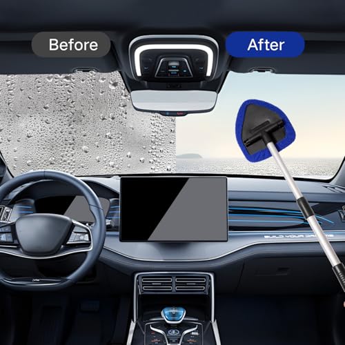 Qydipclin 11pcs Windshield Cleaner Tool, Car Window Cleaning Wash Kit with 6 Reusable Microfiber Pads 2 Spray Bottles and Extendable Handles Auto Glass Wiper Kit, Blue