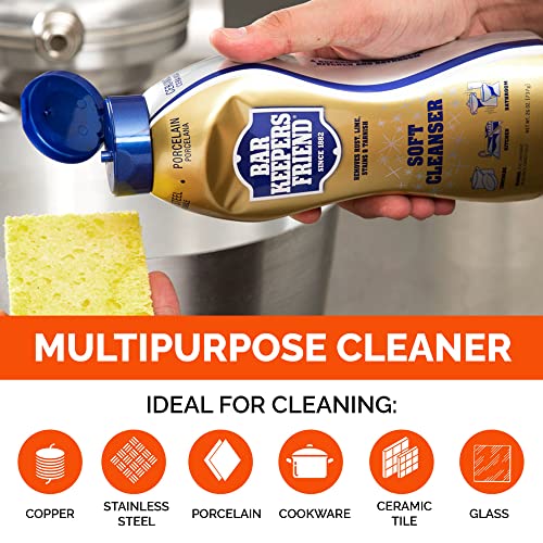 BAR KEEPERS FRIEND Cleanser Trio - Mega Bundle (21 Oz Cleanser and Polish Powder | 26 Oz Liquid Soft Cleanser | 13 Oz Cooktop Cleaner) Plus 1 Foxtrot Microfiber Towel and 1 Microfiber Scrubber Sponge