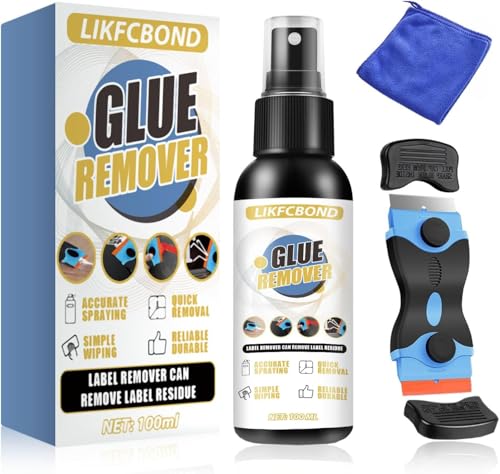 LIKFCBOND Adhesive Remover Spray 100ml, 3.38floz Sticker Remover Spray Set with Scraper and Towel, for Cars, Windows, Glass, Plastic, Labels, Decals, Tape Residue