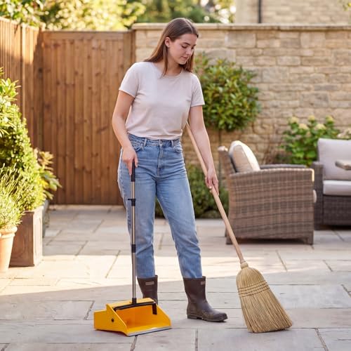 Didaey 1 Pcs Commercial Dustpan with Comb 38” Long Handle Upright Heavy Duty Dust Pan Outdoor Indoor for Courtyards Garages Lobby Mall Market Market Floors Office Pet Hair Rubbish Cleaning (Yellow)