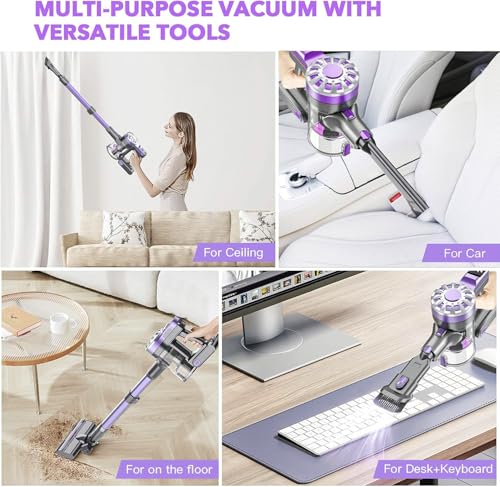 Cordless Vacuum Cleaner, 6 in 1 Lightweight Stick Vacuum with Rechargeable Battery, Handheld Conversion, LED Headlights & 180° Swivel Brush, for Hardwood Floor Carpet Pet Hair Stairs Car(Light Purple)