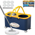 Compact Spin Mop and Bucket with Clean & Dirty Water System, Floor Mop with 360° Swivel Wheels, 61" Handle, 6 Reusable Mop Heads for for Wood, Tile, Vinyl, Baseboards- Blue/Yellow