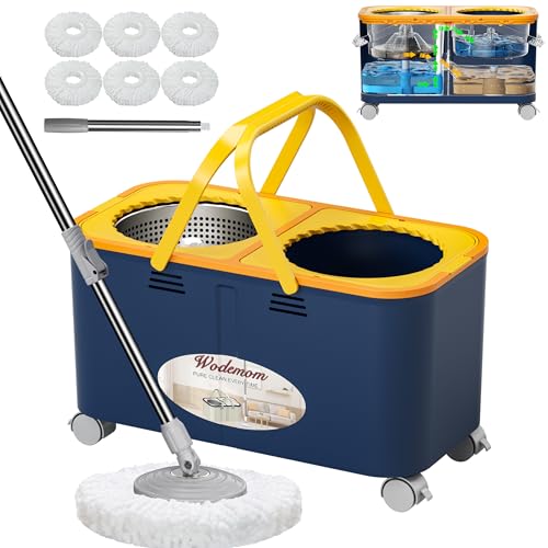 Compact Spin Mop and Bucket with Clean & Dirty Water System, Floor Mop with 360° Swivel Wheels, 61" Handle, 6 Reusable Mop Heads for for Wood, Tile, Vinyl, Baseboards- Blue/Yellow