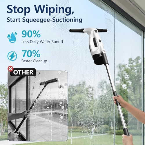 ZRHI Window Vacuum Squeegee Cordless with Extendable Pole 31-40", 2000Pa Electric Window Cleaner with 2200mAh and 150ml Dirty Water Tank, Long Handle Shower Squeegee for Glass Door, Windows (White)