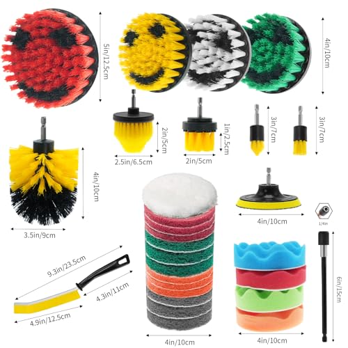 TOWBRUS 32 Pack Drill Brush Attachments Set Scrub Pads Sponge Buffing Pads Crevice Cleaning Brush for Home Bathroom Car Kitchen Corners Sink Stubborn Stains Tiles Car Polishing Kit