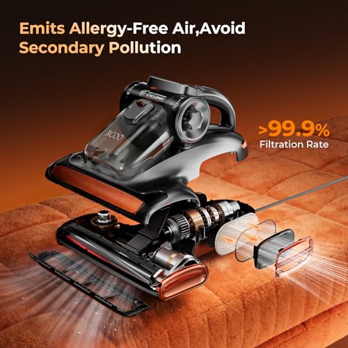 JIGOO T600 Bed Vacuum Cleaner with UV-C Light, 15Kpa Suction 700W Powerful Double Cup Handheld Vacuums, Mattress Vacuum Cleaner with Smart Dust Sensor, Ultrasonic & Heating Tech, HEPA Filter - Corded
