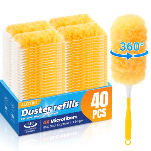 Alotiki Heavy Duty Duster Refills, 40 Count 360° Double-Sided Duster Refill and 1 Yellow Handle, Disposable Dusters Refill for Daily Dust Cleaning, Electronics, Furniture, Blinds, Ceiling Fans