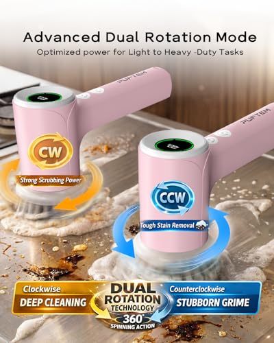 PUFTEM Shower Scrubber, Electric Spin Scrubber for Bathroom Cleaning – Cordless Shower Cleaner Brush with 6 Brush Heads, Dual-Direction Rotation, for Grout, Tile, Tub, Sink & Corners, Pink