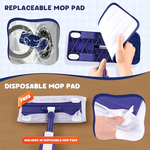 Kids Spray Mop - Chores Chart Set Montessori Cleaning Toy Set with Real Water Sprayer 2PCS Washable Pads and 10PCS Disposable Mop Pads for Ages 3-8 (Blue)