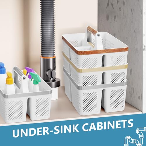 BYUNER Plastic Shower Caddy Dorm: Portable Bathroom Caddy Organizer with Handle and Holes, Cleaning Basket, Hard Shower Basket Storage Tote for Toiletry, College Dorm Room Essentials White/Silver