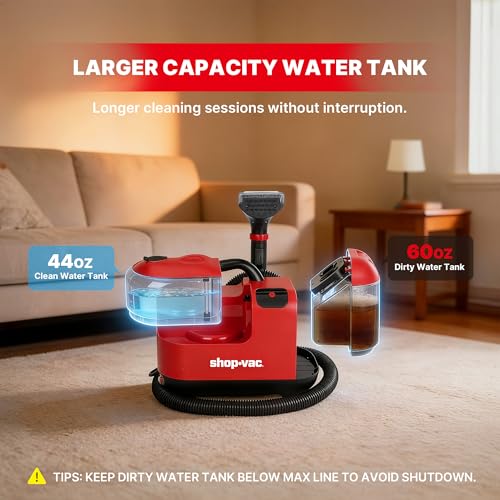 Shop-Vac Portable Carpet Cleaner Machine, Upholstery Cleaner with Steam & Heating System, 3 Modes Deep Stain Removal with Self-Cleaning Tool, for Car, Furniture, Stairs and Fabric Cleaning, 5430225