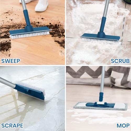Collapsible Mop and Bucket Set with Scrub Mop and Brush, Tile Laminate Hardwood Floor Brush and Flat Mops for Floor Cleaning, Foldable Bucket with Washable Microfiber Mop(Blue)