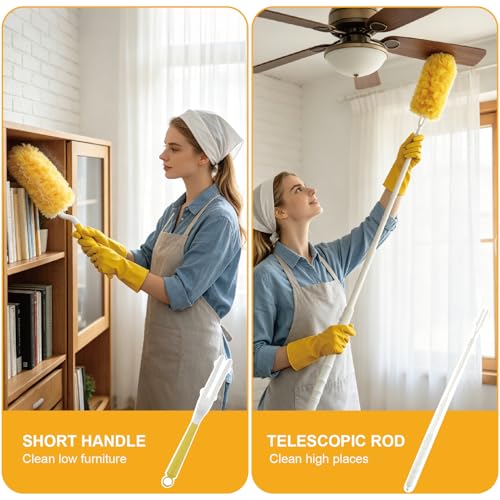 60 Count Heavy Duty Duster Refills for Swiffer, Multi Surface 360° Feather Duster with 2 Handle, Disposable Dusters Kit for Cleaning, Furniture, Blind, Ceiling Fan