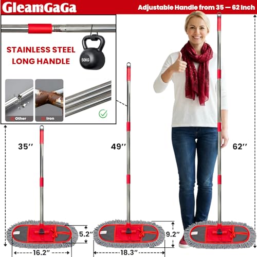 GleamGaGa Dust Mop for Floor Cleaning with 3 Washable Pads, 14.4” × 5.1” Flat Mop Head, 62” Stainless Steel Handle, Lightweight Multi-Surface Mop for Hardwood, Marble & Tile