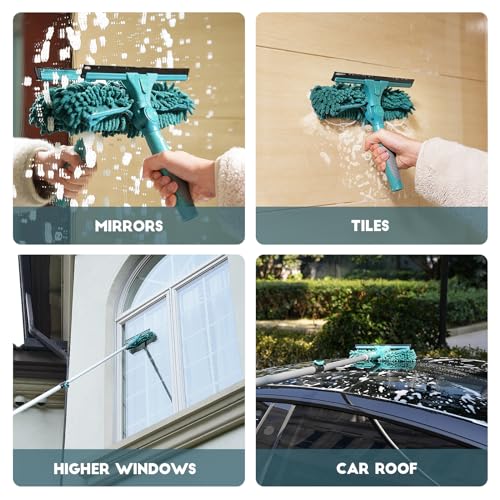 TelesPro 20 Feet High Reach Window Squeegee with 5-12Ft Extension Pole, Window Cleaner Tool with 3-Stage Telescoping Pole, Window Cleaning Kit with Rotatable Head (2 Squeegee & 2 Microfibre Cloths)