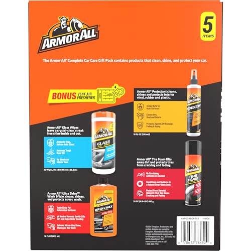 Armor All Complete Car Care Kit - 4-Piece Bundle with Car Wash & Wax, Glass Cleaner Wipes, Tire Foam & UV Protectant Spray, Gift for Car Lovers