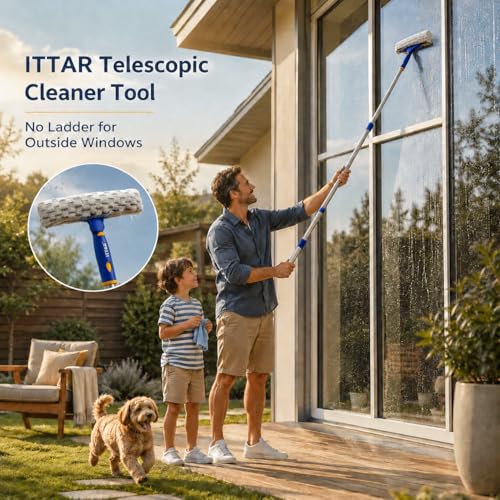 ITTAR Window Squeegee Cleaning Kit with 60 Inch Extension Pole, Glass Cleaner Tool 12" Rubber Blade & 2 Microfiber Pads, Window Washing Equipment for High Windows, Shower Doors, Car Windshield
