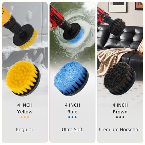 TOWBRUS 9 Pcs Drill Brush Attachments Set Fluffy Soft and Hard Bristles Horsehair Brush Cleaning Kit for Home Bathroom Car Kitchen Corners Sink Stubborn Stains Tiles