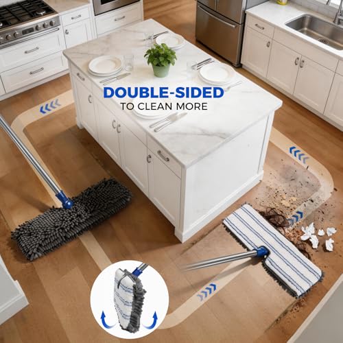 Masthome Microfiber Flat Mop, 16" Wide Floor Mop with 4 Reusable Pads & Hair Scraper, 360° Swivel Dual Sided Flip Mops, Wet Dry Dust Mop for Hardwood, Laminate, Tile, Pet Hai