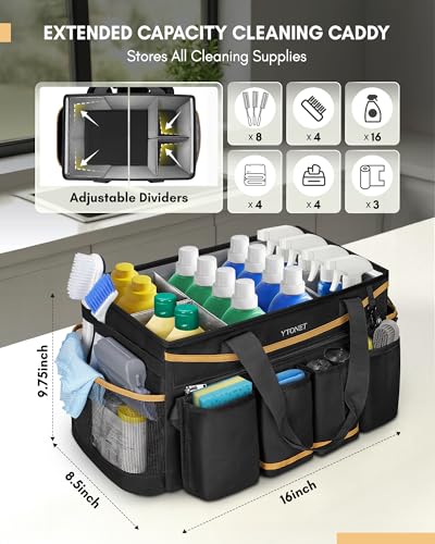 Ytonet Cleaning Caddy Bag with Detachable Apron, Extra Large Cleaning Supplies Organizer with Foldable Dividers, Portable Cleaner Tote with Handle, Cleaner Caddy for Housekeeper, Detailing Bag, Black