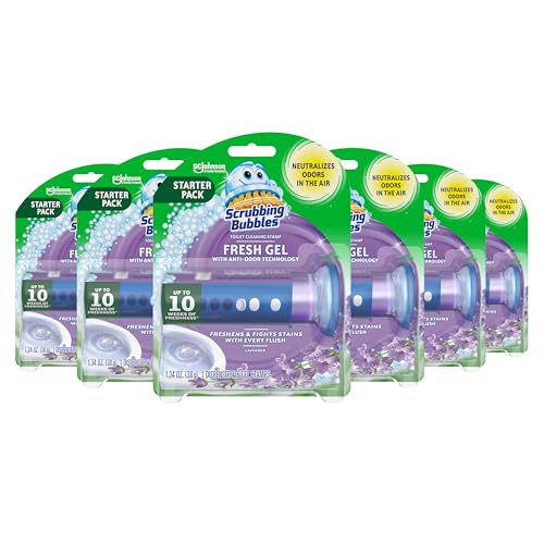 Scrubbing Bubbles Fresh Gel Toilet Bowl Cleaning Stamps, Helps Keep Toilet Clean and Helps Prevent Limescale & Rings, Lavender Scent, 1 Dispenser with 6 Fresh Gel Stamps (6 Pack)