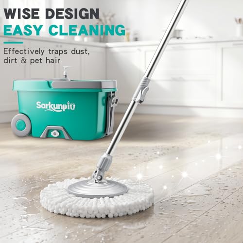 Sarkunpio Mop and Bucket Set with Wringer, Spin Mop Floor Cleaning System with 6 Replacement Microfiber Heads & 61" Extra-Long Handle for Home Floor, Blue
