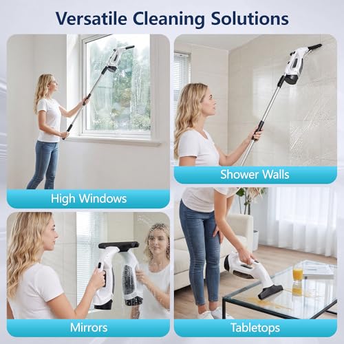 ZRHI Window Vacuum Squeegee Cordless with Extendable Pole 31-40", 2000Pa Electric Window Cleaner with 2200mAh and 150ml Dirty Water Tank, Long Handle Shower Squeegee for Glass Door, Windows (White)
