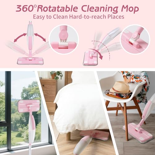 Hilsoeet Kids Spray Mop Pink, Real Working Water-Spraying Toy, Montessori Mini Mop with 2 Microfiber Washable Pads, Toddler Cleaning Set for Floor, Christmas Birthday Gifts for Age 3 4 5 6 7 8