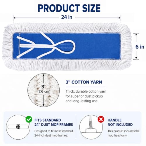 24 Inch Industrial Cotton Dust Mop Head Refill, Dust Mop Replacement Head for Commercial & Home Use, Heavy Duty Replacement for Office & Industrial Use, Machine Washable 1pc