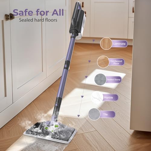 Gatlei Steam Mop Cleaner with Detachable Handheld Steamer, 6-in-1 Multi Accessories, Removable Water Tank, 23FT Power Cable, Lightweight, Steam Cleaner for sealed Hard Floors (Dark purple)