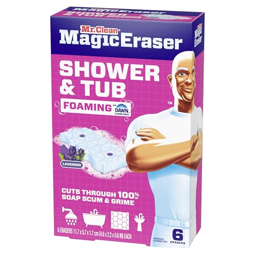 Mr. Clean Magic Eraser Sponge, Bathroom, Shower, Tub Cleaner, Soap Scum Remover, Bathroom Cleaning Supplies, Dawn Cleaning Power with Lavender Scent, Shower & Tub, 6ct