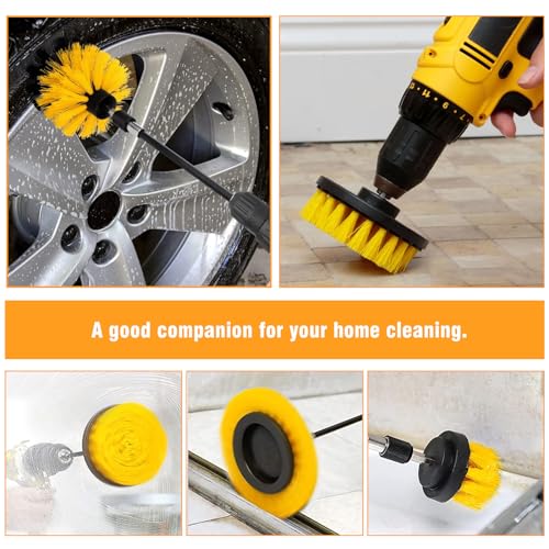 ETOUPA 8 Pcs Drill Brush Attachment Set, Power Cleaning Scrub Brush Kit with Extend Long Attachment, All Purpose Drill Scrub Brushes for Car, Grout, Floor, Tub, Bathroom and Kitchen (Yellow)