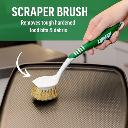 Libman Brass Brush Pot Scrubber - Metal Wire Brass Pot Brush - 3 Pk Wire Scrub Brushes with Pot & Pan Scraper for Cleaning Grills, Skillets, Oven Racks