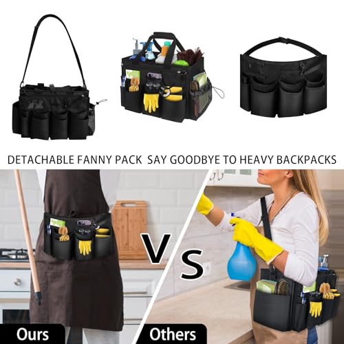 BOHEMIABY Large Cleaning Caddy Tote with Removable Divider, Heavy-Duty Wearable Apron Organizer with Pockets for Housekeeping, Cleaning Supplies, Tools (Black)