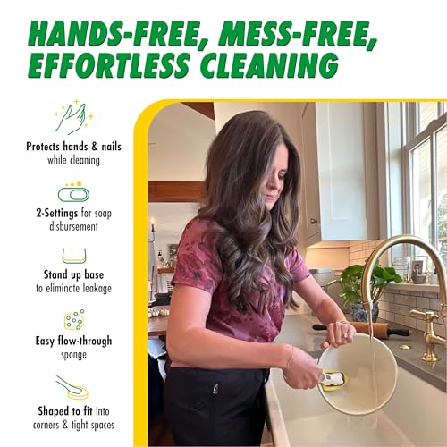 Libman Dishmatic I-Stand Dish Wand Kit, Kitchen Cleaning Scrub Brush with Handle and Soap Dispenser for Scrubbing and Washing Dishes, Refillable Standing Dispensing Scrubber Brushes, 3 Sponge Refills