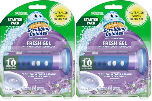Scrubbing Bubbles Fresh Gel Toilet Bowl Cleaning Stamps, Helps Keep Toilet Clean and Helps Prevent Limescale & Rings, Lavender Scent, 1 Dispenser with 6 Fresh Gel Stamps (Pack of 2)