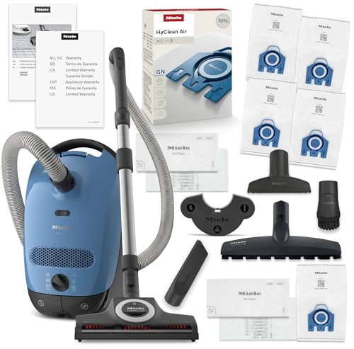 Miele Classic C1 Turbo Team Bagged Canister Vacuum, Tech Blue - Portable, Household w/TurboTeQ Turbohead + Parquet-3 Floorhead Bundle - Includes 4 GN FilterBags + AirClean Filter and Pre-Motor Filter