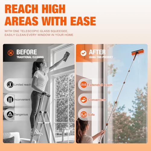 LAANPOLE 26FT Window Squeegee with Extension Pole, 2-in-1 Squeegee for Window Cleaning, Professional Cleaning Kit for Home with 20FT Telescoping Pole for Outdoor Indoor Use