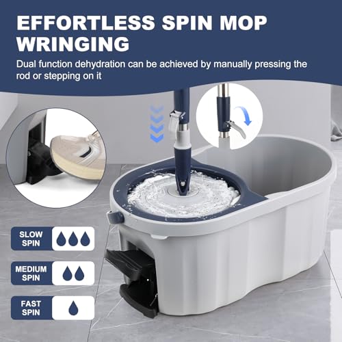 Spin Mop and Bucket Set 180° Swivel Mop Head Adjustable Telescopic Handle Dual Chamber Bucket 3 Refills Dual-Action Wringing Hand-Press Foot-Peda Hands-Free Self-Cleaning System for All Floor Types