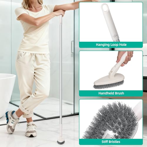 Qaestfy 4-in-1 Tub and Tile Shower Scrubber, 51'' Bathtub Cleaning Brush with Long Handle, Soft & Stiff Bristles Bathroom Scrub Brush, Non-Scratch Shower Cleaner Brush for Cleaning