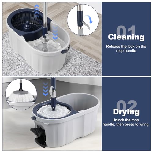 Spin Mop and Bucket Set 180° Swivel Mop Head Adjustable Telescopic Handle Dual Chamber Bucket 3 Refills Dual-Action Wringing Hand-Press Foot-Peda Hands-Free Self-Cleaning System for All Floor Types