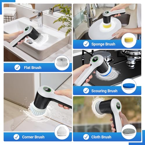 PUFTEM Electric Spin Scrubber, Cordless Shower Scrubber with Battery Level Display, 2 Speeds Electric Scrubber for Cleaning with 6 Replaceable Heads, Cleaning Brush for Bathroom/Sink/Window