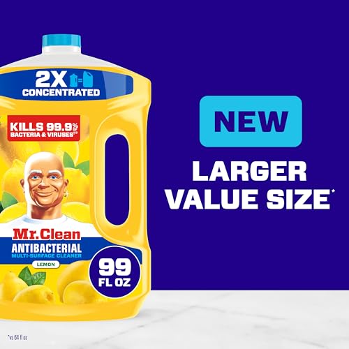 Mr. Clean Antibacterial All Purpose Cleaner, Floor Cleaner for Mopping Home, Bathroom, & Kitchen, Cleaning Liquid for Mop & Bucket, Cleaning Supplies, Multi-Surface Dilutable, Lemon, 99oz