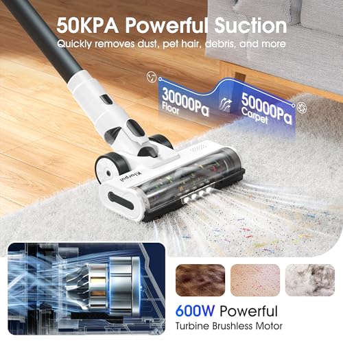 Cordless Vacuum Cleaner, 600W 50KPA 70Mins Runtime Fast Charging Vacuum Cleaner, Self-Standing LED Light Touch Screen Stick Vacuum for Home Light Weight,for Pet Hair/Carpet/Floor, White