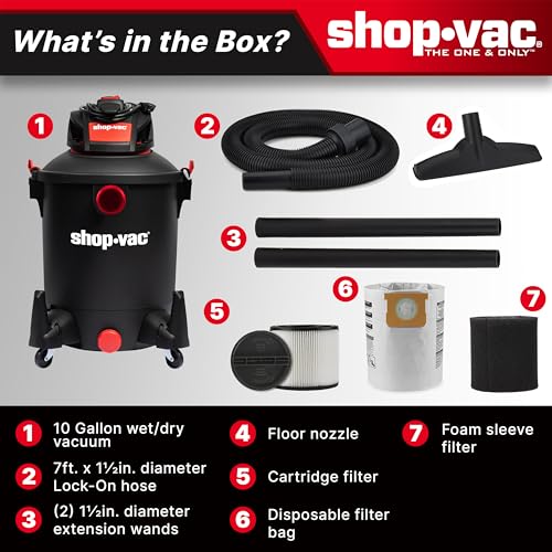 Shop-Vac 5761011 10 Gallon Wet/Dry Shop Vacuum, 4.5 Peak HP, 1.5 Inch Diameter x 7 Foot Hose, 12 Foot Cord, Ideal for Home, Garage, and Workshop Cleaning
