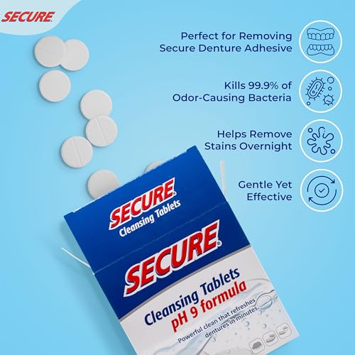 Secure Daily Cleansing Tablets - pH 9 Formula Thoroughly Cleans Dentures - Fights Odors, Stains & Germs - For Dentures, Nightguards, Retainers & Partials - 32 Tablets (1 Pack)