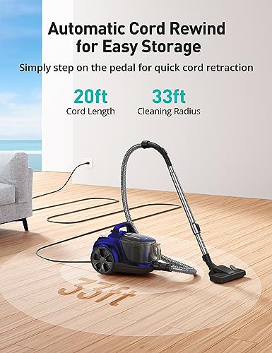 Aspiron Canister Vacuum, Upgraded 1600W Bagless Canister Vacuum Cleaner, Auto Cord Rewind, H13 HEPA Filter, 4Qt Large Capacity, 5 Tools for Hard Floors, Carpet, Pet, Upholstery, Tiles, Sapphire